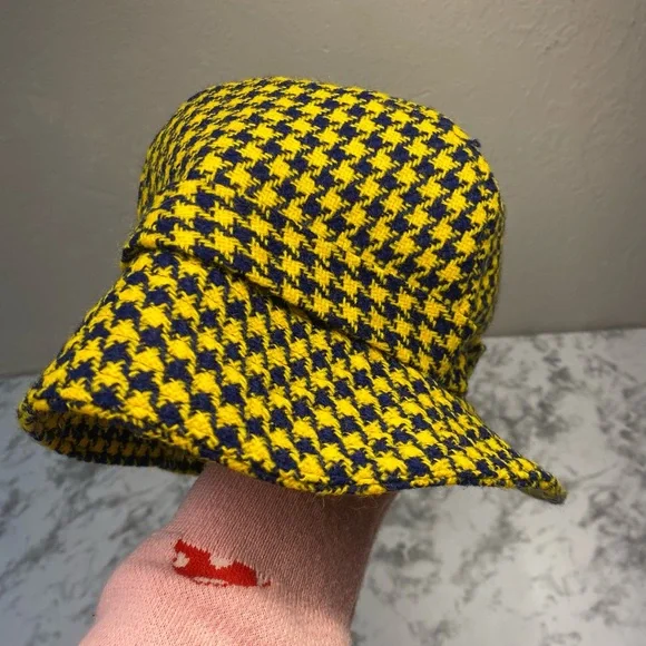 Vintage Preppy Trendy Yellow & Purple Houndstooth Print Reto Bucket Hat - Picture 6 of 11